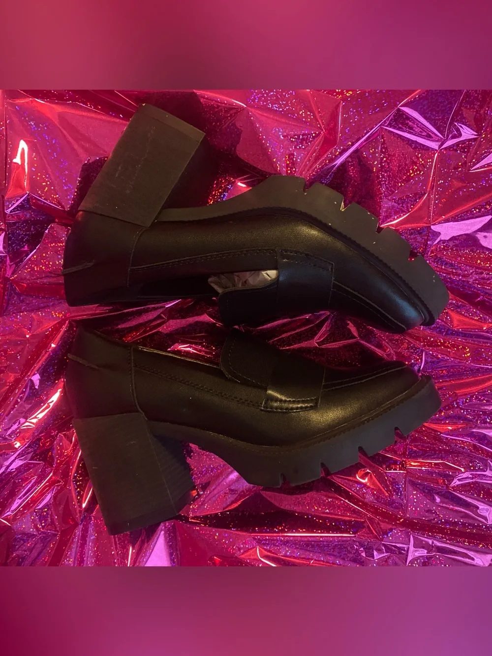Women’s Black Square Toe Chunky Heel Loafers Size 8.5